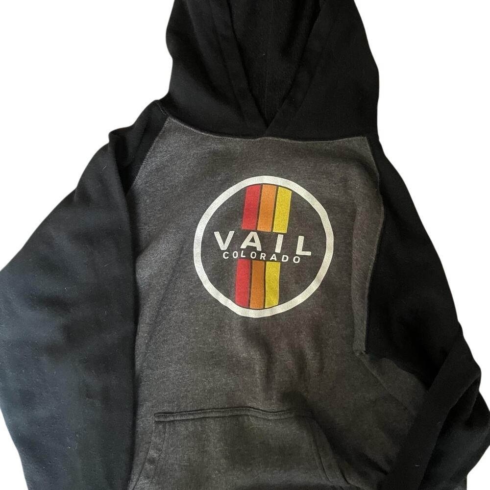 Vail Colorado Hoodie Sweatshirt Retro Stripe Graphic Black Gray Size Youth XL